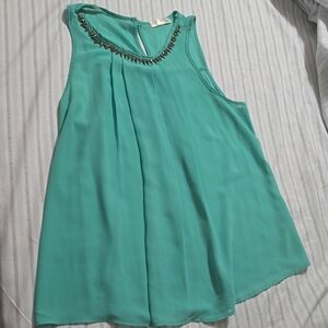 a'gaci Turquoise Sleeveless Blouse with Decorative Neckline